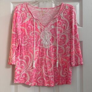 Lilly Pulitzer Pink & White Embroidered V-Neck Tunic